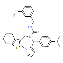 ChemSpider 2D Image | 4-[4-(Dimethylamino)phenyl]-N-(3-methoxybenzyl)-7,8,9,10-tetrahydro-4H-[1]benzothieno[3,2-f]pyrrolo[1,2-a][1,4]diazepine-5(6H)-carboxamide | C31H34N4O2S