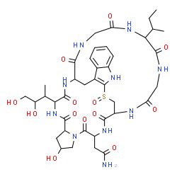 ChemSpider 2D Image | 2-[34-sec-Butyl-13-(3,4-dihydroxy-2-butanyl)-8-hydroxy-27-oxido-2,5,11,14,30,33,36,39-octaoxo-27-thia-3,6,12,15,25,29,32,35,38-nonaazapentacyclo[14.12.11.0~6,10~.0~18,26~.0~19,24~]nonatriaconta-18(26)
,19,21,23-tetraen-4-yl]acetamide | C39H54N10O13S