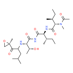 ChemSpider 2D Image | N-Acetyl-N-methyl-L-isoleucyl-N-[(2S,3R)-3-hydroxy-2-({4-methyl-1-[(2R)-2-methyl-2-oxiranyl]-1-oxo-2-pentanyl}amino)butanoyl]-L-isoleucinamide | C28H50N4O7