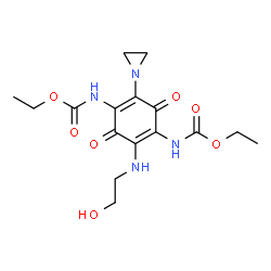 ChemSpider 2D Image | Diethyl {2-(1-aziridinyl)-5-[(2-hydroxyethyl)amino]-3,6-dioxo-1,4-cyclohexadiene-1,4-diyl}biscarbamate | C16H22N4O7