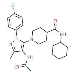 ChemSpider 2D Image | 1-[4-Acetamido-1-(4-chlorophenyl)-3-methyl-1H-pyrazol-5-yl]-N-cyclohexyl-4-piperidinecarboxamide | C24H32ClN5O2