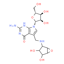 ChemSpider 2D Image | 2-Amino-5-{[(3,4-dihydroxy-6-oxabicyclo[3.1.0]hex-2-yl)amino]methyl}-7-(beta-D-ribofuranosyl)-1,7-dihydro-4H-pyrrolo[2,3-d]pyrimidin-4-one | C17H23N5O8