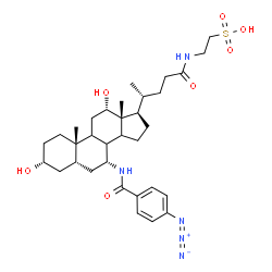 ChemSpider 2D Image | 2-({(3alpha,5beta,7alpha,8xi,9xi,12alpha,14xi)-7-[(4-Azidobenzoyl)amino]-3,12-dihydroxy-24-oxocholan-24-yl}amino)ethanesulfonic acid | C33H50N5O7S