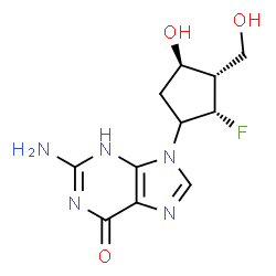 ChemSpider 2D Image | 2-Amino-9-[(2S,3S,4R)-2-fluoro-4-hydroxy-3-(hydroxymethyl)cyclopentyl]-3,9-dihydro-6H-purin-6-one | C11H14FN5O3
