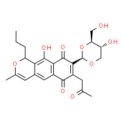 ChemSpider 2D Image | 10-Hydroxy-8-[(2R,4S,5R)-5-hydroxy-4-(hydroxymethyl)-1,3-dioxan-2-yl]-3-methyl-7-(2-oxopropyl)-1-propyl-1H-benzo[g]isochromene-6,9-dione | C25H28O9