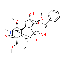 ChemSpider 2D Image | (1alpha,3alpha,6alpha,10alpha,13alpha,14alpha,15alpha,16beta,17xi)-3,8,13,15-Tetrahydroxy-1,6,16-trimethoxy-4-(methoxymethyl)-20-methylaconitan-14-yl benzoate | C31H43NO10