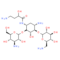 ChemSpider 2D Image | 4-Amino-N-{(1R,2R,3S,4R,5S)-5-amino-2-[(3-amino-3-deoxy-D-glucopyranosyl)oxy]-4-[(6-amino-6-deoxy-D-glucopyranosyl)oxy]-3-hydroxycyclohexyl}-2-hydroxybutanamide | C22H43N5O13