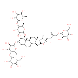 ChemSpider 2D Image | (1beta,3beta,5beta,22R)-3-{[6-Deoxy-4-O-(beta-D-glucopyranosyl)-beta-D-gulopyranosyl]oxy}-26-(alpha-D-galactopyranosyloxy)-22-hydroxyfurost-25(27)-en-1-yl 6-deoxy-4-O-(6-deoxy-beta-D-gulopyranosyl)-be
ta-D-allopyranoside | C57H94O27