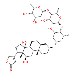 ChemSpider 2D Image | (3beta,5alpha,8alpha,9xi,12beta,14alpha,17alpha)-3-{[2,6-Dideoxy-alpha-L-lyxo-hexopyranosyl-(1->4)-2,6-dideoxy-alpha-L-lyxo-hexopyranosyl-(1->4)-2,6-dideoxy-beta-L-lyxo-hexopyranosyl]oxy}-12,14-dihydr
oxycard-20(22)-enolide | C41H64O14