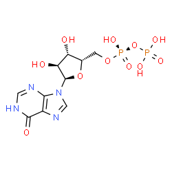 ChemSpider 2D Image | 9-{5-O-[(S)-Hydroxy(phosphonooxy)phosphoryl]-alpha-L-xylofuranosyl}-1,9-dihydro-6H-purin-6-one | C10H14N4O11P2