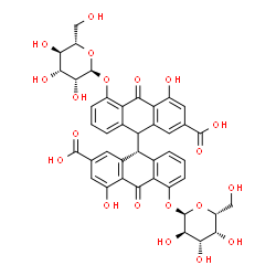ChemSpider 2D Image | (9R)-5-(alpha-D-Galactopyranosyloxy)-4,4'-dihydroxy-5'-(alpha-L-mannopyranosyloxy)-10,10'-dioxo-9,9',10,10'-tetrahydro-9,9'-bianthracene-2,2'-dicarboxylic acid | C42H38O20
