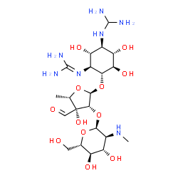 ChemSpider 2D Image | 2-{(1S,2R,3R,4S,5R,6R)-2-({5-Deoxy-2-O-[2-deoxy-2-(methylamino)-alpha-L-glucopyranosyl]-3-C-formyl-alpha-L-lyxofuranosyl}oxy)-5-[(diaminomethyl)amino]-3,4,6-trihydroxycyclohexyl}guanidine | C21H41N7O12