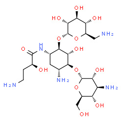 ChemSpider 2D Image | (2S)-4-Amino-N-{(1S,2R,3R,4S,5R)-5-amino-4-[(3-amino-3-deoxy-alpha-D-glucopyranosyl)oxy]-2-[(6-amino-6-deoxy-alpha-D-glucopyranosyl)oxy]-3-hydroxycyclohexyl}-2-hydroxybutanamide | C22H43N5O13
