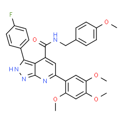 ChemSpider 2D Image | 3-(4-Fluorophenyl)-N-(4-methoxybenzyl)-6-(2,4,5-trimethoxyphenyl)-2H-pyrazolo[3,4-b]pyridine-4-carboxamide | C30H27FN4O5