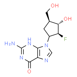 ChemSpider 2D Image | 2-Amino-9-[(2S,3S,4S)-2-fluoro-3-hydroxy-4-(hydroxymethyl)cyclopentyl]-3,9-dihydro-6H-purin-6-one | C11H14FN5O3