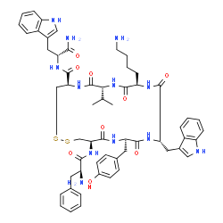 ChemSpider 2D Image | (4R,7R,10R,13S,16R,19R)-10-(4-Aminobutyl)-N-[(2R)-1-amino-3-(1H-indol-3-yl)-1-oxo-2-propanyl]-16-(4-hydroxybenzyl)-13-(1H-indol-3-ylmethyl)-7-isopropyl-6,9,12,15,18-pentaoxo-19-(L-phenylalanylamino)-1
,2-dithia-5,8,11,14,17-pentaazacycloicosane-4-carboxamide | C57H70N12O9S2