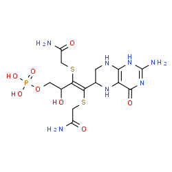 ChemSpider 2D Image | (3E)-3,4-Bis[(2-amino-2-oxoethyl)sulfanyl]-4-(2-amino-4-oxo-1,4,5,6,7,8-hexahydro-6-pteridinyl)-2-hydroxy-3-buten-1-yl dihydrogen phosphate | C14H22N7O8PS2