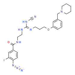 ChemSpider 2D Image | 4-Azido-N-[2-(N'-cyano-N''-{3-[3-(1-piperidinylmethyl)phenoxy]propyl}carbamimidamido)ethyl]-3-iodobenzamide | C26H33IN9O2