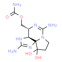 ChemSpider 2D Image | [(3aS,4R)-2,6-Diamino-10,10-dihydroxy-3a,4,9,10-tetrahydro-3H,8H-pyrrolo[1,2-c]purin-4-yl]methyl carbamate | C10H17N7O4
