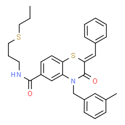 ChemSpider 2D Image | (2Z)-2-Benzylidene-4-(3-methylbenzyl)-3-oxo-N-[3-(propylsulfanyl)propyl]-3,4-dihydro-2H-1,4-benzothiazine-6-carboxamide | C30H32N2O2S2