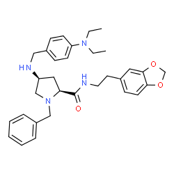 ChemSpider 2D Image | (4S)-N-[2-(1,3-Benzodioxol-5-yl)ethyl]-1-benzyl-4-{[4-(diethylamino)benzyl]amino}-L-prolinamide | C32H40N4O3