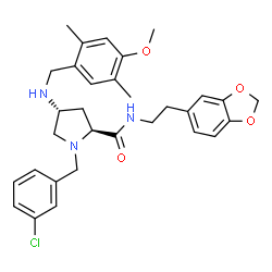 ChemSpider 2D Image | (4R)-N-[2-(1,3-Benzodioxol-5-yl)ethyl]-1-(3-chlorobenzyl)-4-[(4-methoxy-2,5-dimethylbenzyl)amino]-L-prolinamide | C31H36ClN3O4