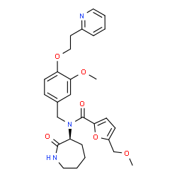 ChemSpider 2D Image | 5-(Methoxymethyl)-N-{3-methoxy-4-[2-(2-pyridinyl)ethoxy]benzyl}-N-[(3S)-2-oxo-3-azepanyl]-2-furamide | C28H33N3O6