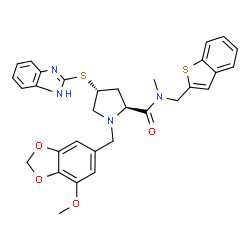 ChemSpider 2D Image | (4R)-4-(1H-Benzimidazol-2-ylsulfanyl)-N-(1-benzothiophen-2-ylmethyl)-1-[(7-methoxy-1,3-benzodioxol-5-yl)methyl]-N-methyl-L-prolinamide | C31H30N4O4S2