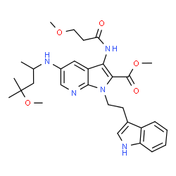 ChemSpider 2D Image | Methyl 1-[2-(1H-indol-3-yl)ethyl]-5-[(4-methoxy-4-methyl-2-pentanyl)amino]-3-[(3-methoxypropanoyl)amino]-1H-pyrrolo[2,3-b]pyridine-2-carboxylate | C30H39N5O5