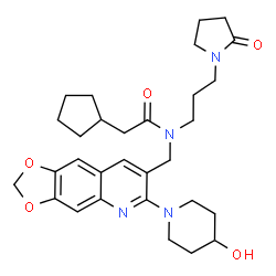 ChemSpider 2D Image | 2-Cyclopentyl-N-{[6-(4-hydroxy-1-piperidinyl)[1,3]dioxolo[4,5-g]quinolin-7-yl]methyl}-N-[3-(2-oxo-1-pyrrolidinyl)propyl]acetamide | C30H40N4O5