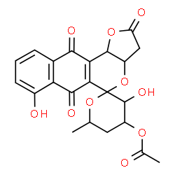 ChemSpider 2D Image | 3',7-Dihydroxy-6'-methyl-2,6,11-trioxo-2,3,3',3a,4',5',6,6',11,11b-decahydrospiro[benzo[g]furo[3,2-c]isochromene-5,2'-pyran]-4'-yl acetate | C22H20O10
