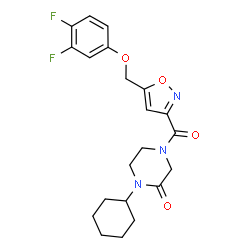 ChemSpider 2D Image | 1-Cyclohexyl-4-({5-[(3,4-difluorophenoxy)methyl]-1,2-oxazol-3-yl}carbonyl)-2-piperazinone | C21H23F2N3O4