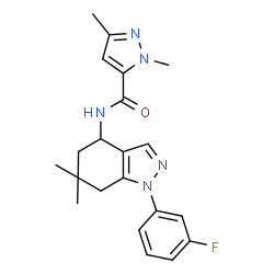ChemSpider 2D Image | N-[1-(3-Fluorophenyl)-6,6-dimethyl-4,5,6,7-tetrahydro-1H-indazol-4-yl]-1,3-dimethyl-1H-pyrazole-5-carboxamide | C21H24FN5O