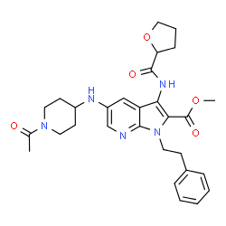 ChemSpider 2D Image | Methyl 5-[(1-acetyl-4-piperidinyl)amino]-1-(2-phenylethyl)-3-[(tetrahydro-2-furanylcarbonyl)amino]-1H-pyrrolo[2,3-b]pyridine-2-carboxylate | C29H35N5O5