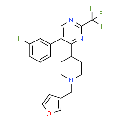 ChemSpider 2D Image | 5-(3-Fluorophenyl)-4-[1-(3-furylmethyl)-4-piperidinyl]-2-(trifluoromethyl)pyrimidine | C21H19F4N3O