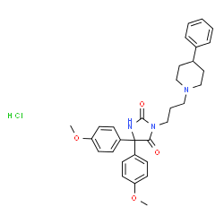 ChemSpider 2D Image | 5,5-Bis(4-methoxyphenyl)-3-[3-(4-phenyl-1-piperidinyl)propyl]-2,4-imidazolidinedione hydrochloride (1:1) | C31H36ClN3O4