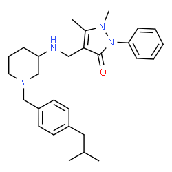 ChemSpider 2D Image | 4-({[1-(4-Isobutylbenzyl)-3-piperidinyl]amino}methyl)-1,5-dimethyl-2-phenyl-1,2-dihydro-3H-pyrazol-3-one | C28H38N4O