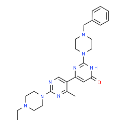 ChemSpider 2D Image | 2-(4-Benzyl-1-piperazinyl)-2'-(4-ethyl-1-piperazinyl)-4'-methyl-4,5'-bipyrimidin-6(1H)-one | C26H34N8O