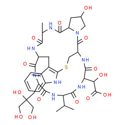 ChemSpider 2D Image | {28-[2,3-Dihydroxy-2-(hydroxymethyl)propyl]-18-hydroxy-31-isopropyl-23-methyl-15,21,24,26,29,32,35-heptaoxo-12-thia-10,16,22,25,27,30,33,36-octaazapentacyclo[12.11.11.0~3,11~.0~4,9~.0~16,20~]hexatriac
onta-3(11),4,6,8-tetraen-34-yl}(hydroxy)acetic acid | C37H50N8O14S