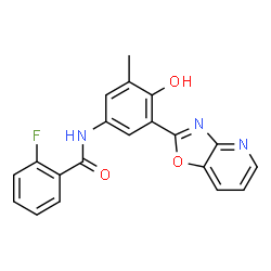 ChemSpider 2D Image | 2-Fluoro-N-[4-hydroxy-3-methyl-5-([1,3]oxazolo[4,5-b]pyridin-2-yl)phenyl]benzamide | C20H14FN3O3