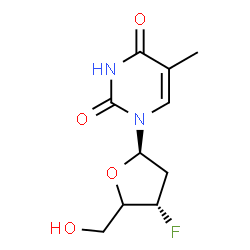 ChemSpider 2D Image | 1-[(4xi)-2,3-Dideoxy-3-fluoro-beta-D-glycero-pentofuranosyl]-5-methyl-2,4(1H,3H)-pyrimidinedione | C10H13FN2O4