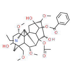 ChemSpider 2D Image | Aconitane-3,8,13,14,15-Pentol,20-ethyl-1,6,16-trimethoxy-4-(methoxymethyl)-,8-acetate14-benzoate,(1,3,6,14,15,16)-, | C34H47NO11