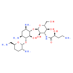 ChemSpider 2D Image | (1R,2S,3S,4R,6S)-4,6-Diamino-3-[(3-{[(2S)-4-amino-2-hydroxybutanoyl]amino}-3-deoxy-alpha-D-glucopyranosyl)oxy]-2-hydroxycyclohexyl 2,6-diamino-2,3,4,6-tetradeoxy-alpha-D-erythro-hexopyranoside | C22H44N6O10