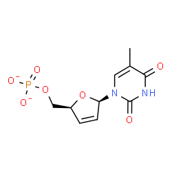 ChemSpider 2D Image | [(2S,5R)-5-(5-Methyl-2,4-dioxo-3,4-dihydro-1(2H)-pyrimidinyl)-2,5-dihydro-2-furanyl]methyl phosphate | C10H11N2O7P