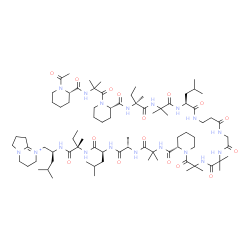 ChemSpider 2D Image | N-{[(2S)-1-(N-{[(2S)-1-(N-{[(2S)-1-Acetyl-2-piperidinyl]carbonyl}-2-methylalanyl)-2-piperidinyl]carbonyl}-L-isovalyl-2-methylalanyl-L-leucyl-beta-alanylglycyl-2-methylalanyl-2-methylalanyl)-2-piperidi
nyl]carbonyl}-2-methylalanyl-L-alanyl-L-leucyl-N-[(2S)-1-(2,3,4,6,7,8-hexahydropyrrolo[1,2-a]pyrimidin-1-ium-1-yl)-4-methyl-2-pentanyl]-L-isovalinamide | C83H143N18O16
