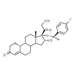 ChemSpider 2D Image | (4aR,6aS,6bS,8S,9aR)-8-(4-Fluorophenyl)-6b-glycoloyl-6a,8-dimethyl-3,4,4a,4b,5,6,6a,6b,9a,10,10a,10b,11,12-tetradecahydro-2H-naphtho[2',1':4,5]indeno[1,2-d][1,3]dioxol-2-one | C28H33FO5