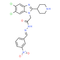 ChemSpider 2D Image | 2-[5,6-Dichloro-2-(4-piperidinyl)-1H-benzimidazol-1-yl]-N'-[(E)-(3-nitrophenyl)methylene]acetohydrazide | C21H20Cl2N6O3