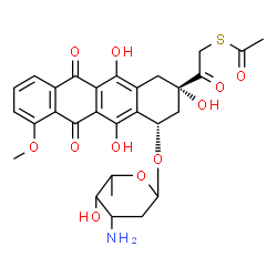 ChemSpider 2D Image | S-(2-{(2S,4S)-4-[(3-Amino-2,3,6-trideoxyhexopyranosyl)oxy]-2,5,12-trihydroxy-7-methoxy-6,11-dioxo-1,2,3,4,6,11-hexahydro-2-tetracenyl}-2-oxoethyl) ethanethioate | C29H31NO11S