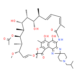 ChemSpider 2D Image | (9S,12E,14S,15R,16S,17R,18R,19R,20S,21S,22E,24Z)-5,6,18,20-tetrahydroxy-14-methoxy-7,9,15,17,19,21,25-heptamethyl-1'-(2-methylpropyl)-10,26-dioxo-9,10-dihydrospiro[9,4-(epoxypentadeca[1,11,13]trienoimino)furo[2',3':7,8]naphtho[1,2-d]imidazole-2,4'-piperidin]-16-yl acetate | C46H62N4O11
