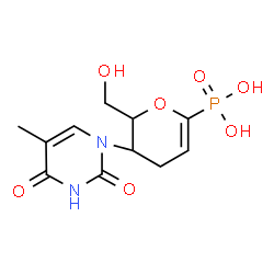 ChemSpider 2D Image | 1,5-Anhydro-2,3,4-trideoxy-4-(5-methyl-2,4-dioxo-3,4-dihydro-1(2H)-pyrimidinyl)-1-phosphonohex-1-enitol | C11H15N2O7P